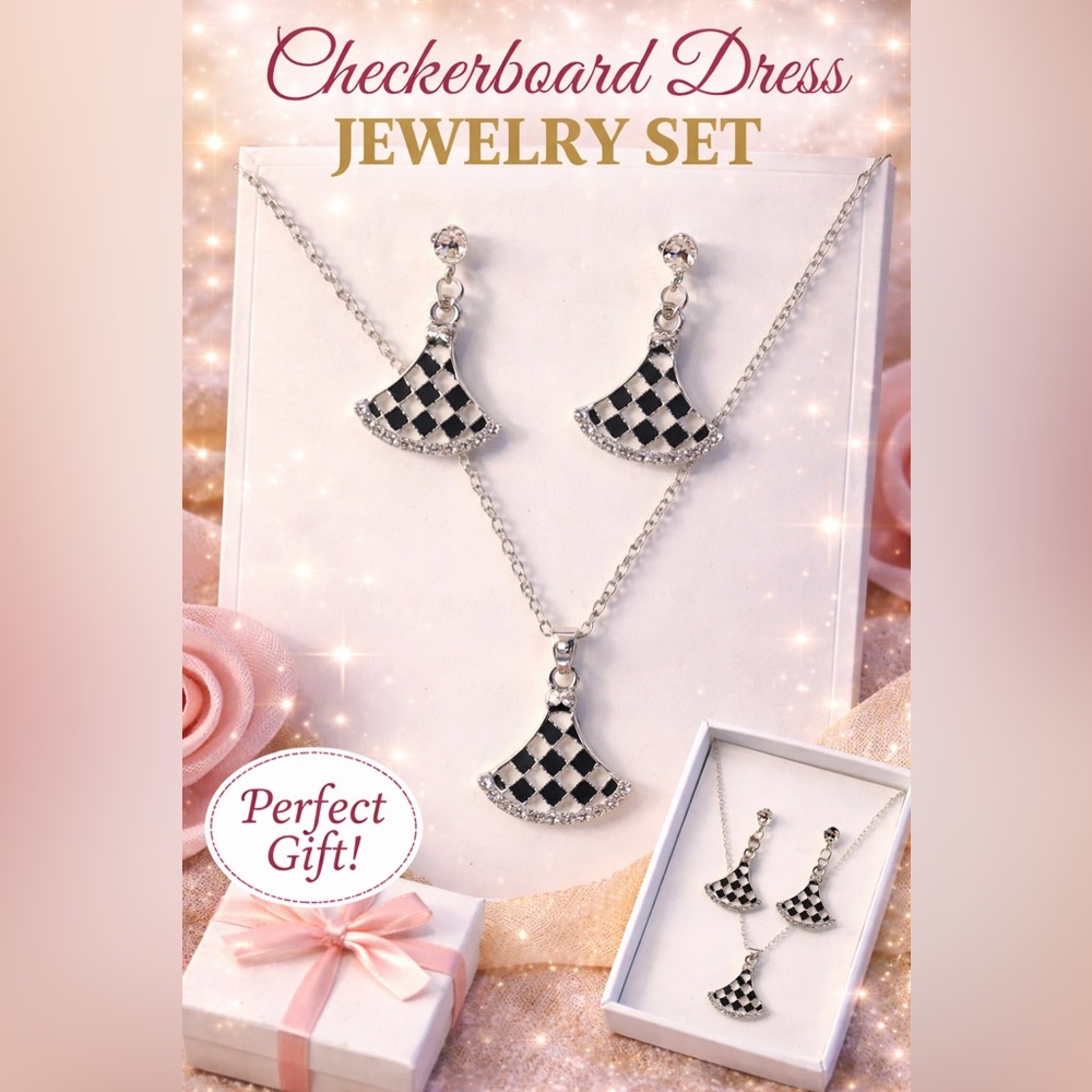 Checkerboard Dress Jewelry Set - Black & Silver Necklace + Earrings
